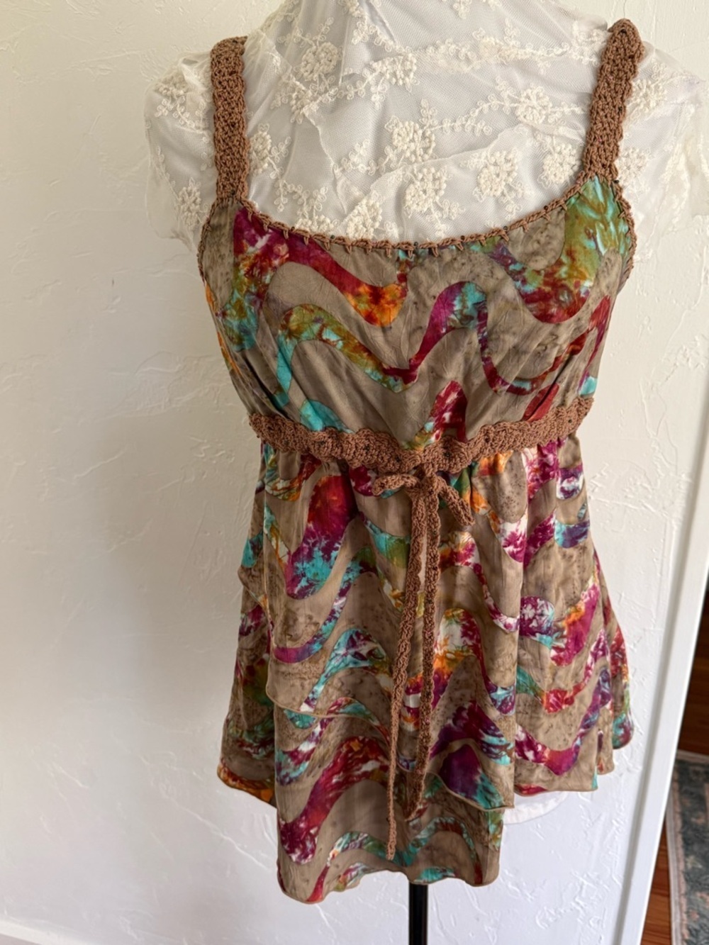Santiki Boho Batik Crochet Trim Empire Waist Top XL